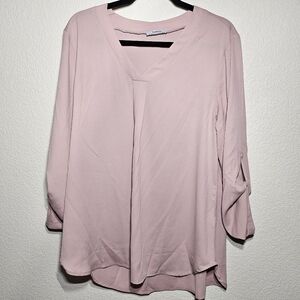 Youtali Dusty Rose XL V-Neck Blouse with Roll Tab Sleeves